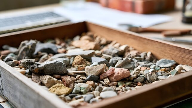 A wooden tray filled with assorted rocks and stones sits on a desk with blurred office items in the background