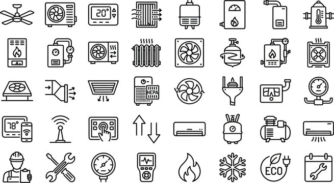 HVAC line icons set, air conditioning and heating system symbols, 40 climate control vector elements for maintenance services