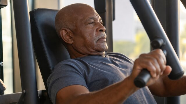 African American man performing chest press exercise on strength training machine in gym. Fitness, wellness and active aging concept for healthy lifestyle and senior workout.