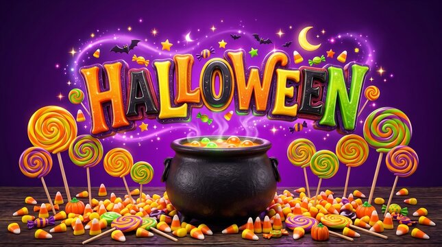 3D Halloween Text Sign with Black Cauldron and Colorful Lollipops Candies on Wooden Table Top for Holiday Celebration and Festive Party Decoration Concept