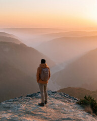 Naklejka premium One person stands atop a rocky outcrop at dawn. Golden light bathes distant valleys and rolling hills. Steam rises gently from the valley floor. Backpack rests on their shoulders