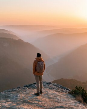 One person stands atop a rocky outcrop at dawn. Golden light bathes distant valleys and rolling hills. Steam rises gently from the valley floor. Backpack rests on their shoulders