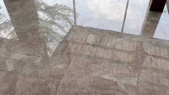 Shiny granite veranda flooring background with realistic tree reflection