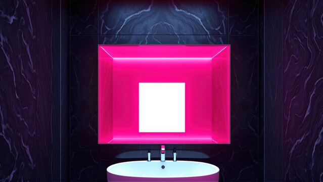 Modern bathroom interior. Pink neon light illuminates sink, mirror. Dark marble walls create dramatic effect. Minimalist design.