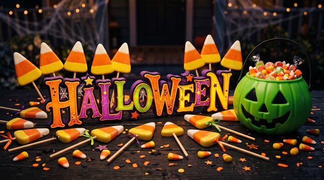 3D Halloween Typography and Candy Corn Decorations with Green Pumpkin Treat Bucket on Rustic Wooden Table for Festive Holiday Party Celebration Concept