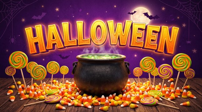 3D Halloween Text with Candy Corn and Swirl Lollipops surrounding a Witch Cauldron on Wooden Table with Dark Purple Background for Seasonal Party Event