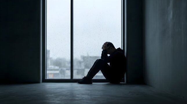 Depressed man sitting alone by rainy window in dark room feeling sad