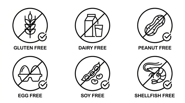 Collection of six dietary restriction symbols including gluten free egg free and peanut free.