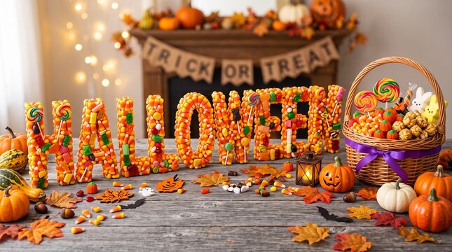 3D Halloween Text Made of Candy Corn and Sweets with Festive Decorative Wicker Basket on Rustic Wooden Table Top for Seasonal Holiday Party Concept