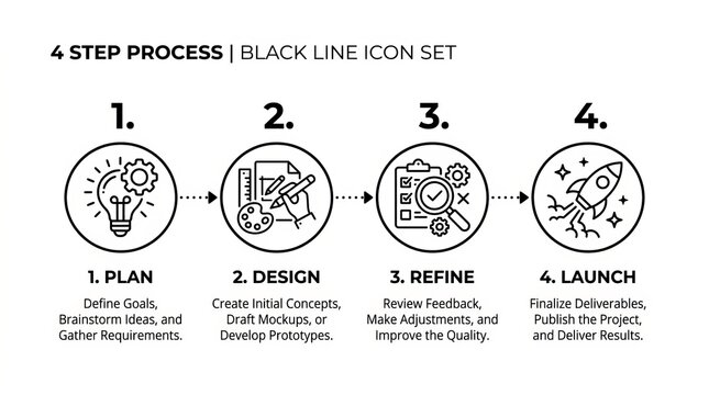 Black and white icon set for business planning and strategy process.