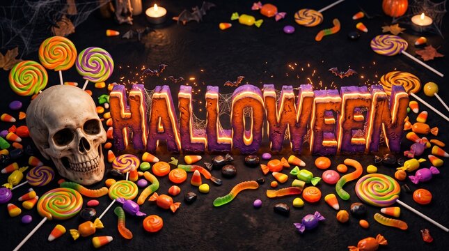 3D Halloween Typography with Human Skull and Assorted Colorful Candy Treats on Dark Festive Background for Holiday Celebration and Party Decoration Concept