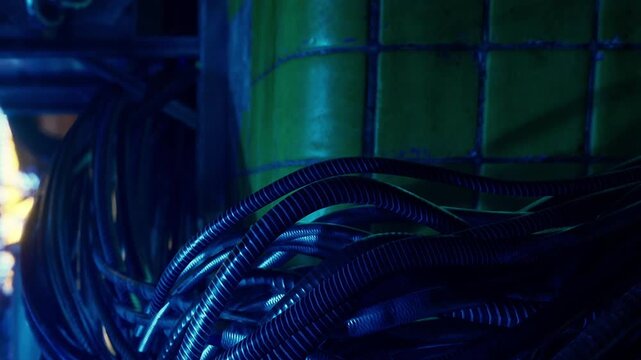 Wires and cables are tangled together in a dim space. Blue lights provide illumination around the area. The scene shows a close up view of the setup.