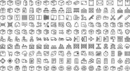Obraz premium Packaging and logistics icon set featuring boxes, parcels, shipping, delivery, warehouse, transportation, inventory, cargo, packaging materials and supply chain