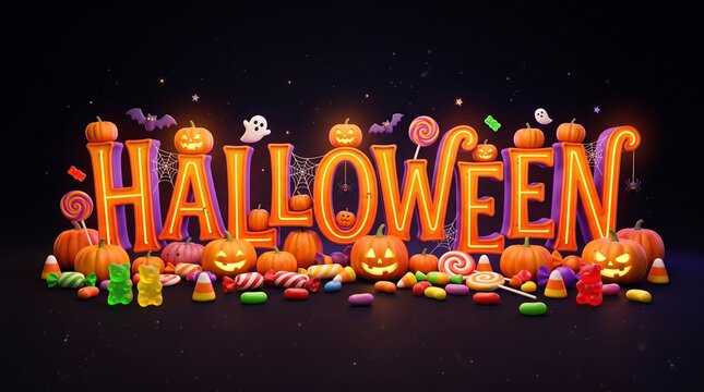 3D Halloween Typography with Festive Pumpkins and Colorful Candy Treats on Dark Background for Holiday Party Celebration Banner and Social Media Content