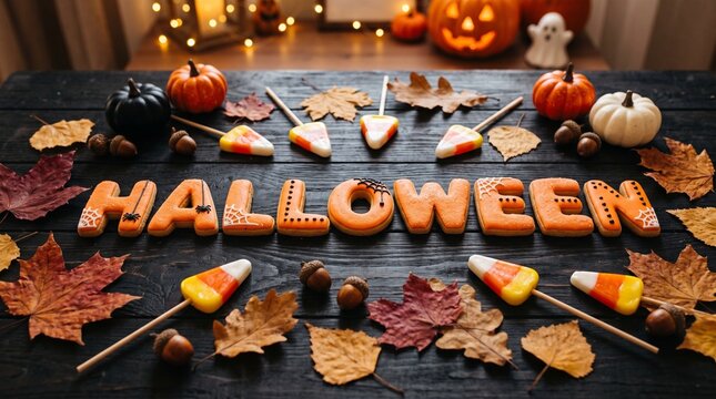 Halloween Festive Food Decoration with Spooky Cookie Letters, Candy Corn Lollipops and Autumn Leaves on Rustic Black Wooden Table Background Concept