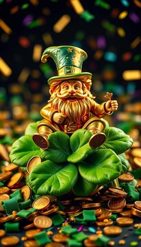 A golden leprechaun sits atop a lush green shamrock, surrounded by coins and festive confetti, ||leprechaun, luck