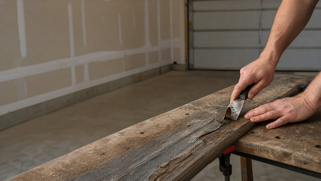 Hands scraping flaking stain from a deck board