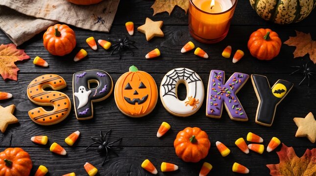 Halloween Spooky Word Sign with Decorated Sugar Cookies and Pumpkins on a Dark Wooden Background for Festive Autumn Celebration and Holiday Concept