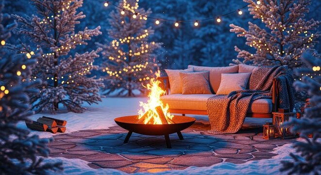 A warm fire pit glows on a snowy stone patio at night, featuring a comfortable outdoor couch and magical string lights on frosted trees, logs, deck, illumination