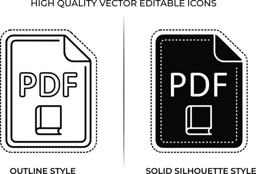 PDF file format icon set, outline and solid silhouette document vector design