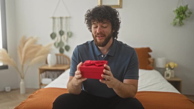 Man holding bright red gift box with both hands while seated on a bed in a home interior inside a building; anticipation warmth.