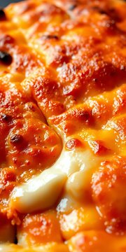 Golden brown crust with melted cheese flowing out, flat lay, savory
