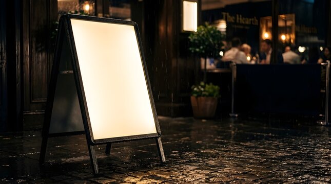 Illuminated blank sidewalk sign standing outside a restaurant at night