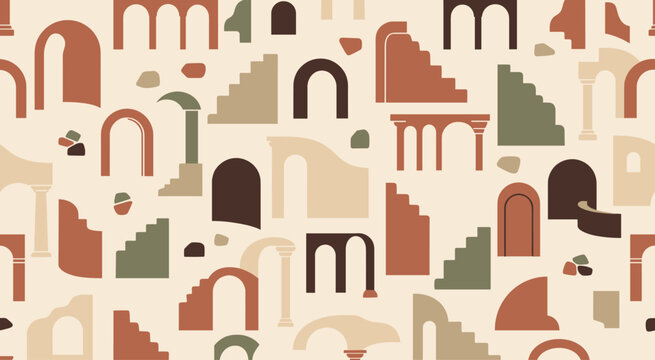 Abstract seamless pattern featuring architectural elements like arches and staircases in earthy tones on a beige background