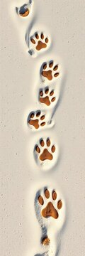 Paw prints in sand lead diagonally across white textured surface, creating a unique path, wildlife, natural world