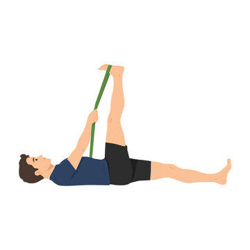 Man Performing Reclining Hand-to-Big-Toe Pose or Supta Padangusthasana. Flat vector illustration isolated on white background