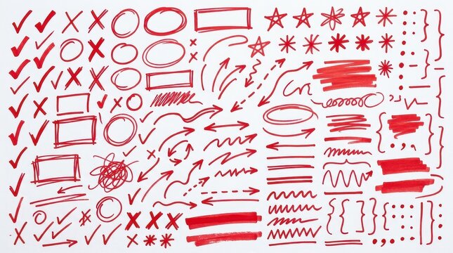 Red Hand Drawn Marker Doodle Elements Set with Arrows, Circles, Checkmarks, Crosses, and Highlights for Design