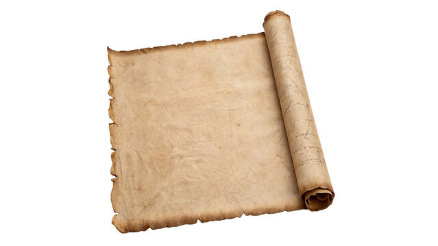Ancient vintage rolled paper scroll parchment manuscript document isolated on a white background