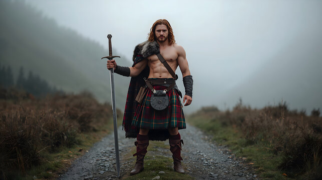 A muscular highland warrior standing on misty path holding sword evoking epic historical fantasy mood generative AI