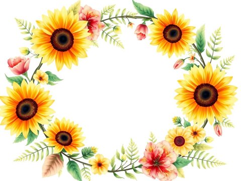 Watercolor floral wreath featuring sunflowers, fern leaves, and foliage, flowers, leaves