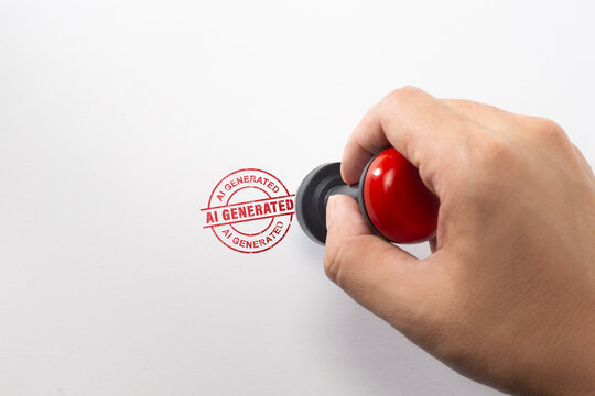 Hand stamping AI generated red grunge rubber stamp on white paper background
