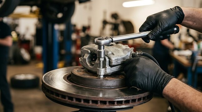 Automotive mechanic wearing protective black gloves using torque wrench to tighten brake caliper bolts on vehicle rotor during professional brake system repair service in busy automotive repair shop