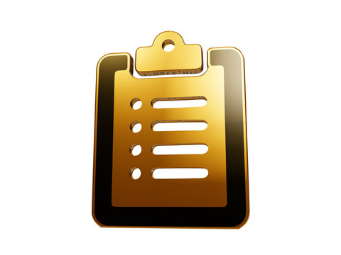 Golden clipboard icon with glossy finish on metallic black base perfect for business checklists and tasks.