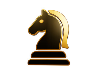 Golden chess knight horse icon on dark metallic base representing strategic moves and tactical decisions. © Mdsamim