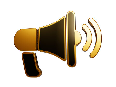 Golden megaphone speaker icon emitting sound waves for marketing announcements and broadcasting concepts.