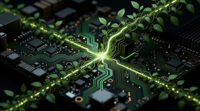 Glowing green vines growing over a high-tech electronic circuit board representing sustainable technology and eco-friendly innovation concepts.
