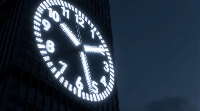 Large glowing digital clock face on a modern skyscraper exterior at night against a dark blue sky.