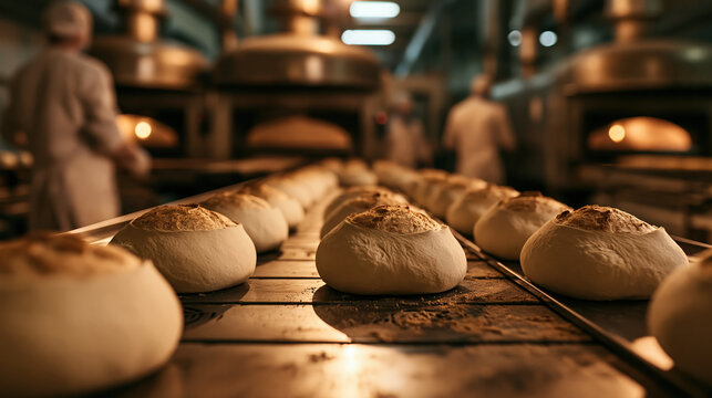 Commercial bakery production line with freshly shaped bread dough moving through industrial oven, creating warm artisanal food production