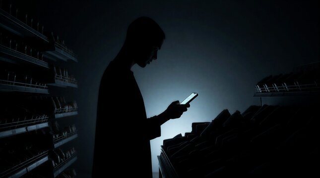 Silhouette of a young man using a smartphone while standing in a dark supermarket aisle with shelves.