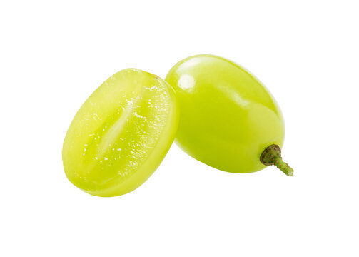 Grains of shine muscat grapes and cut shine muscat grapes on a white background.