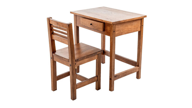 Simple classic small wooden school desk and chair furniture isolated on a white background