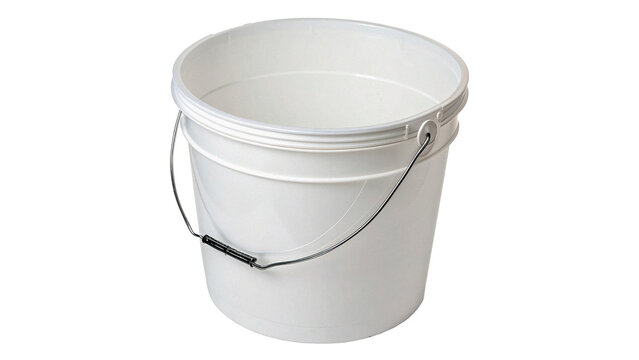 Simple white plastic bucket with a metal handle isolated on a white background
