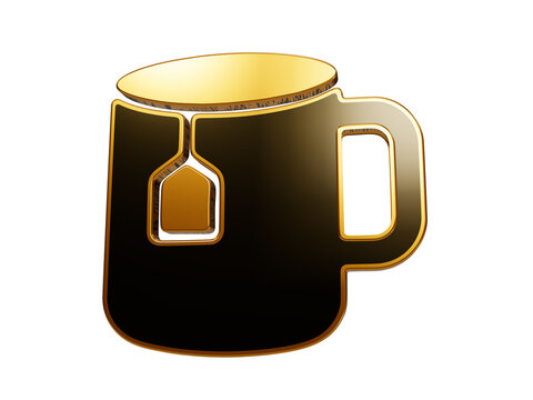 Metallic gold mug icon with black body and tea bag tag illustrates morning break beverage or cafe branding design.