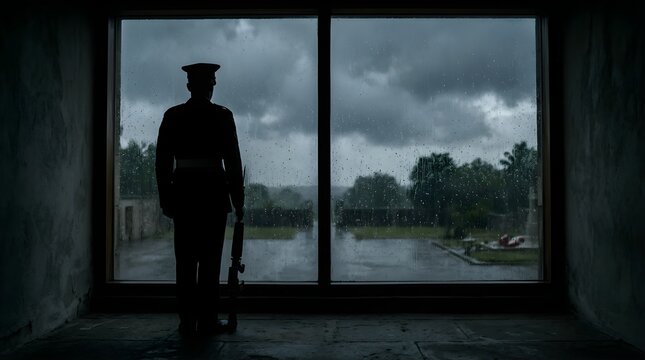 Silhouette of a soldier standing at a window watching a rainy day