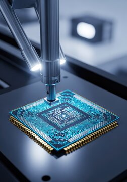 Microchips move along an automated production line in a cleanroom facility, representing the global flow of electronic hardware components, network, processing, industrial