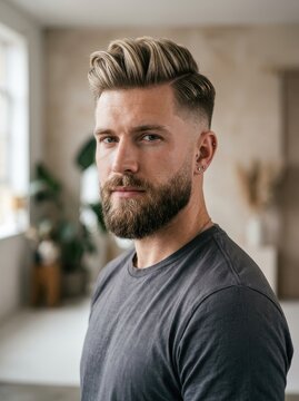 Portrait of a Handsome Young Man with Stylish Pompadour Hairstyle and Well-Groomed Beard in a Modern Indoor Setting
